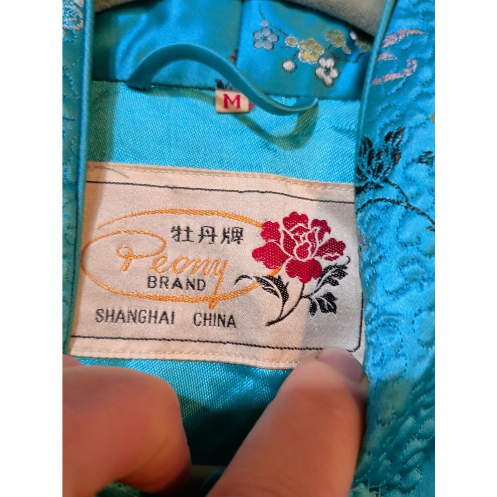 Peony Brand Turquoise Quilted Chinese Jacket Frog Closures Floral Brocade Sz M - Picture 7 of 14
